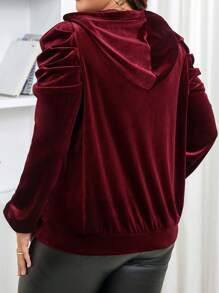 SHEIN LUNE Plus Size SHEINLUNE Burgundy Velvet Princess Sleeve Sweatshirt, Valentine, Love/Lover, Spring,Easter
