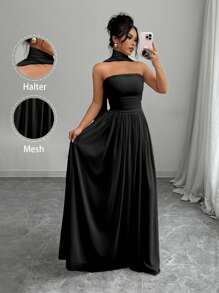 Elenzga Vestido largo de mujer con cuello halter fruncido de unicolor, elegante y de moda