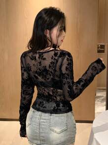 DAZY 全印花玫瑰花卉植绒网眼透明长袖 T 恤女士，情人节，秋季女装 - 黑色 - 查看 7