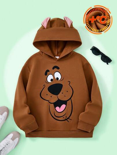 SCOOBY-DOO X SHEIN Tween Boy Cartoon Dog 3D Ear Design Loose Fit Warm Fleece Sweatshirt, Autumn/Winter