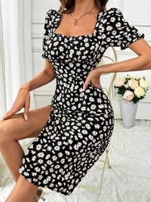 SHEIN Tall Damska elegancka sukienka z kwadratowym dekoltem i kwiatowym rozcięciem i krótkim rękawem - Czarne - Zobacz 6