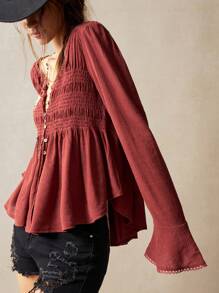 Bohemela Vacation Casual Solid Color Woven Cut-Out V-Neck Long Sleeve Blouse For Women Western Wear Women Festival Boho Hippie