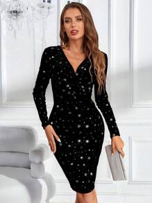 SHEIN Essnce 女式 V 领长袖短裙，带有简约的五角星装饰 - 黑色 - 查看 4