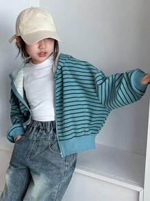 DAZY 女童休闲条纹连帽运动衫，秋季 - 藍色 - 查看 5