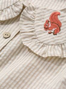 DAZY Young Girl Doll Face Animal Embroidery Striped Long Sleeve Woven Dress, Spring/Summer - Beige - View 8