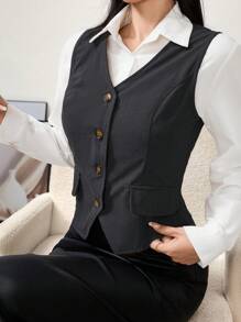 Modelyn Veste sans manche casual à boutonnage simple de couleur unie pour femme, Automne - Gris foncé - Voir 7