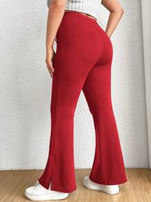 SHEIN EZwear Valentine's Day,Plus Size Casual Solid Color Split Flared Pants - Red - View 2