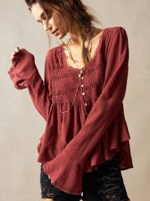 Bohemela Vacation Casual Solid Color Woven Cut-Out V-Neck Long Sleeve Blouse For Women Western Wear Women Festival Boho Hippie