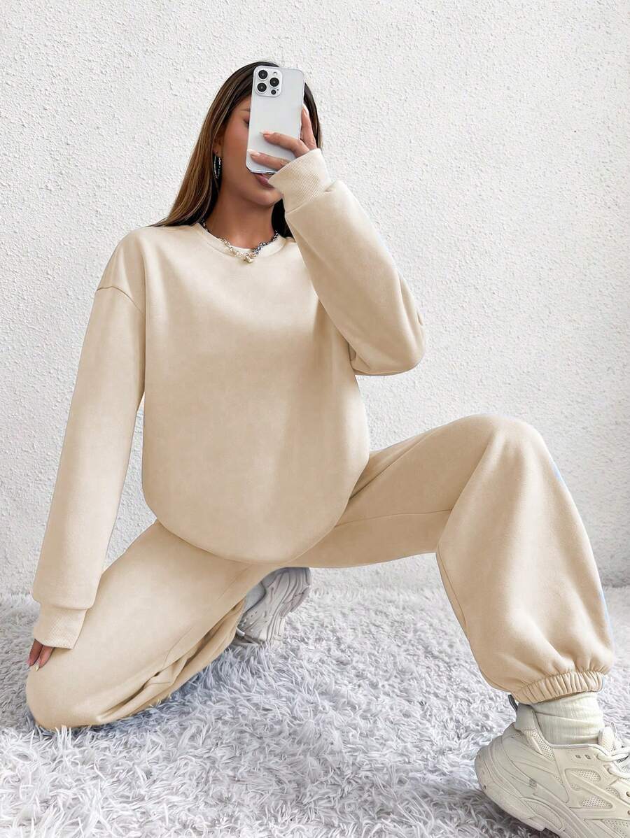 SHEIN Unity 2pcs Solid Color Crew Neck Sweatshirt And Sweatpants Set, Long Sleeve Top And Pants - Apricot - View 1