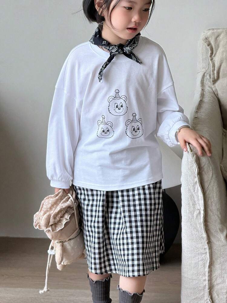 2pcs Young Girl Cartoon Print Round Neck Long Sleeve T-Shirt And Plaid Mini Skirt Casual Set For Autumn