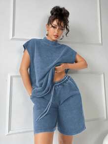 SHEIN SXY Bộ 2 món áo thun tay ngắn cổ đứng trơn cỡ lớn và quần short thường ngày - Màu xanh bụi bặm - Xem 4