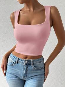 Chiquease Women's Solid Color Cropped Slim Fit U-Neck Camisole - Pink - View 4