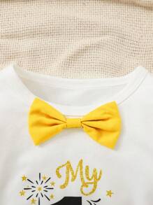 1st New Year 3pcs/Set Baby Boy Bodysuit, Pants, Hat, Holiday Festive Color-Blocking & Pattern, White With Black & Gold