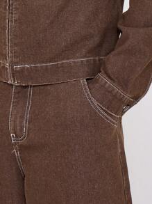 Musero Contrast Stitch Baggy Jeans - Khaki - View 5