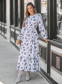 SHEIN LUNE Women's Crew Neck Long Sleeve Floral Print Elastic Waist Dress,Vacation Dresses