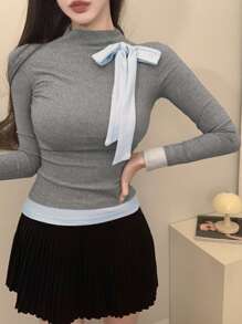 DAZY Women Contrast Color Block Stand Collar Long Sleeve Casual Top, Everyday Wear,Fall Women Clothes