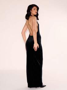 MUSERA 丝绒露背吊带长裙套装，优雅春夏度假外出装扮 - 黑色 - 查看 3