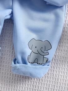SHEIN Playful Pals 新生兒淺藍色秋季可愛家庭套裝卡通大象印花3D耳朵圓領長袖連帽衫 & 長褲套裝百搭休閒穿搭 - 藍色 - 查看 4