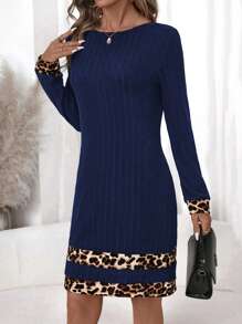 SHEIN Clasi Vestido de punto estilo línea A con estampado de leopardo y patchwork, versátil, adecuado para otoño/invierno - Azul Marino - Ver 4
