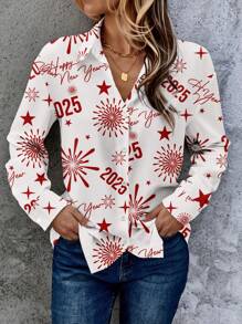 SHEIN LUNE Casual Minimalist New Year Element Pattern Loose Long Sleeve Women Blouse, Suitable For Autumn Winter New Years Women - Multicolor - View 2