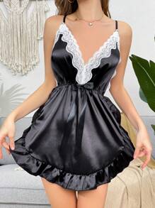 Váy ngủ hở lưng gợi cảm cho nữ viền ren xếp nếp - màu đen - Xem 4