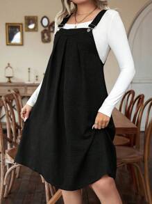 Calvaya Plus Size Casual V-Neck Pinafore Dress With Metal Buckle Detail And Pleats, Knee Length - Black - View 4