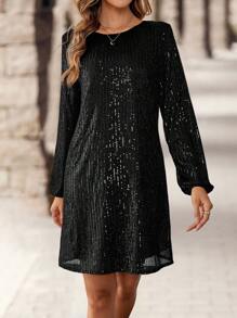 EMERY ROSE 女士时尚黑色亮面长袖迷你通勤连衣裙 - 黑色 - 查看 6