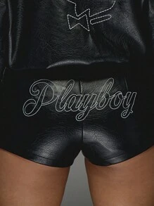 Missguided x Playboy High Waisted Faux Leather Micro Shorts For Festival Hot Pants With Elastic Waistband Autumn Winter Night Out Party Clubwear Evening - Black - View 4