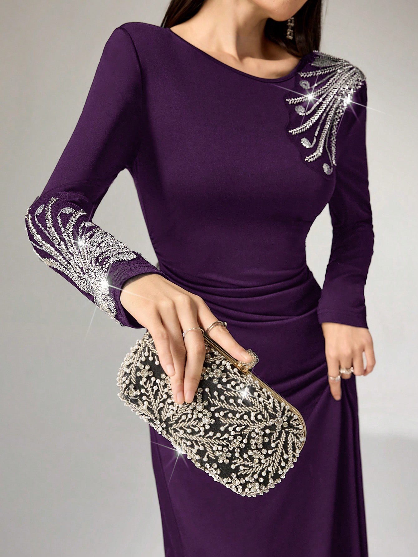 Modelyn فستان سهرة طويل بياقة مستديرة وأكمام طويلة...