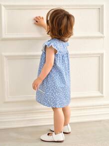 SHEIN 女婴夏季新款蓝色碎花公主裙，荷叶边袖，宽松荷叶边下摆和蕾丝边，甜美时尚 - 藍色 - 查看 5