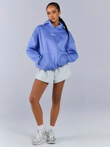 Athîral Áo nỉ trùm đầu đơn giản, thêu chữ, dài tay có túi dành cho nữ - Màu xanh lam - Xem 2