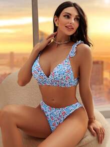 SHEIN Swim Fresh Style Floral Frill Strap Women Swimwear Set Summer - Multicolor - View 1