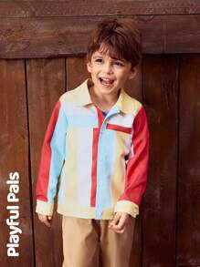 SHEIN 1 Pc Young Boys' Denim Jacket, Colorful Striped Contrast Stitching, Casual Basic, Cute/Retro Style Suitable For School And Outdoor, Spring
