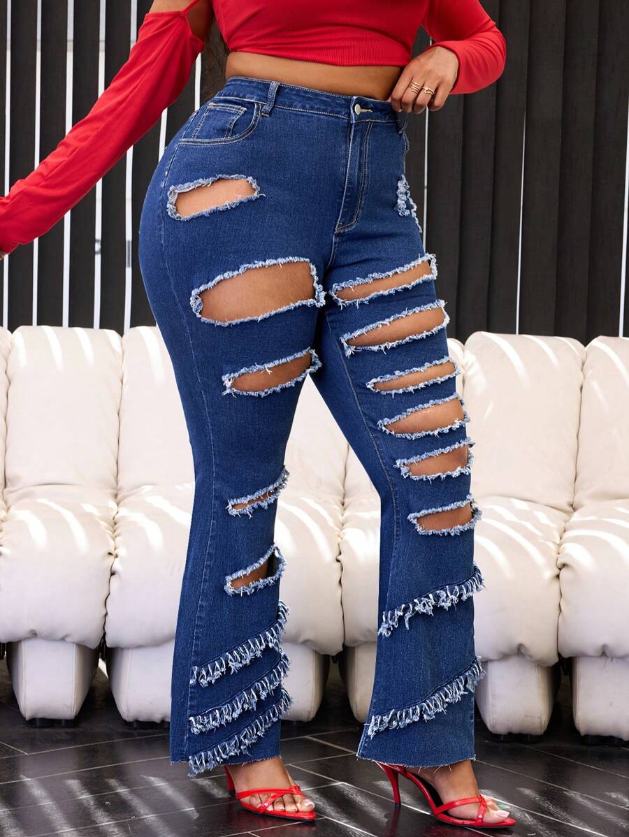 Slaydiva Plus Size Front Button Pocket Ripped Simple Denim Jeans, Casual Daily Wear - Blue - View 1