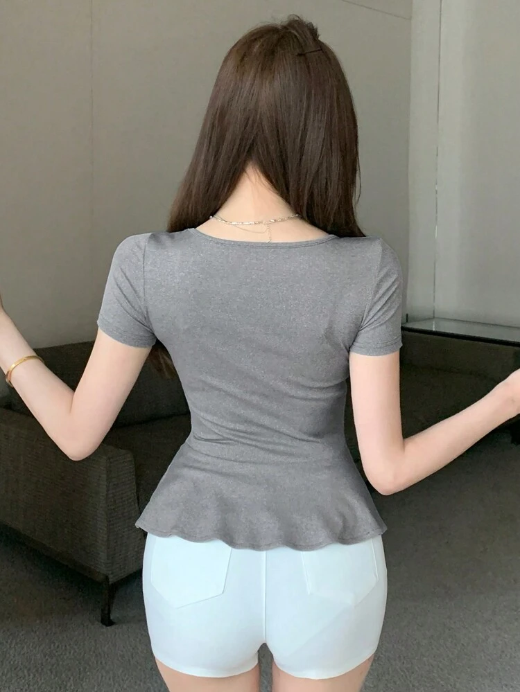 New Design Waist Cinched Cute Short Sleeve Women T-Shirt, Summer