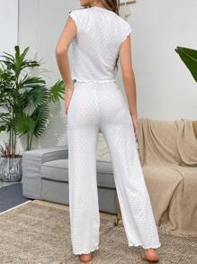 Ensemble de pyjama pour femme avec applique nœud, manches raglan et garniture de volants