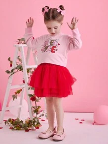 Glamorique Kids Girls Valentine's Day Pink Graphic Top Paired With Red Multi-Layer Tulle Dress