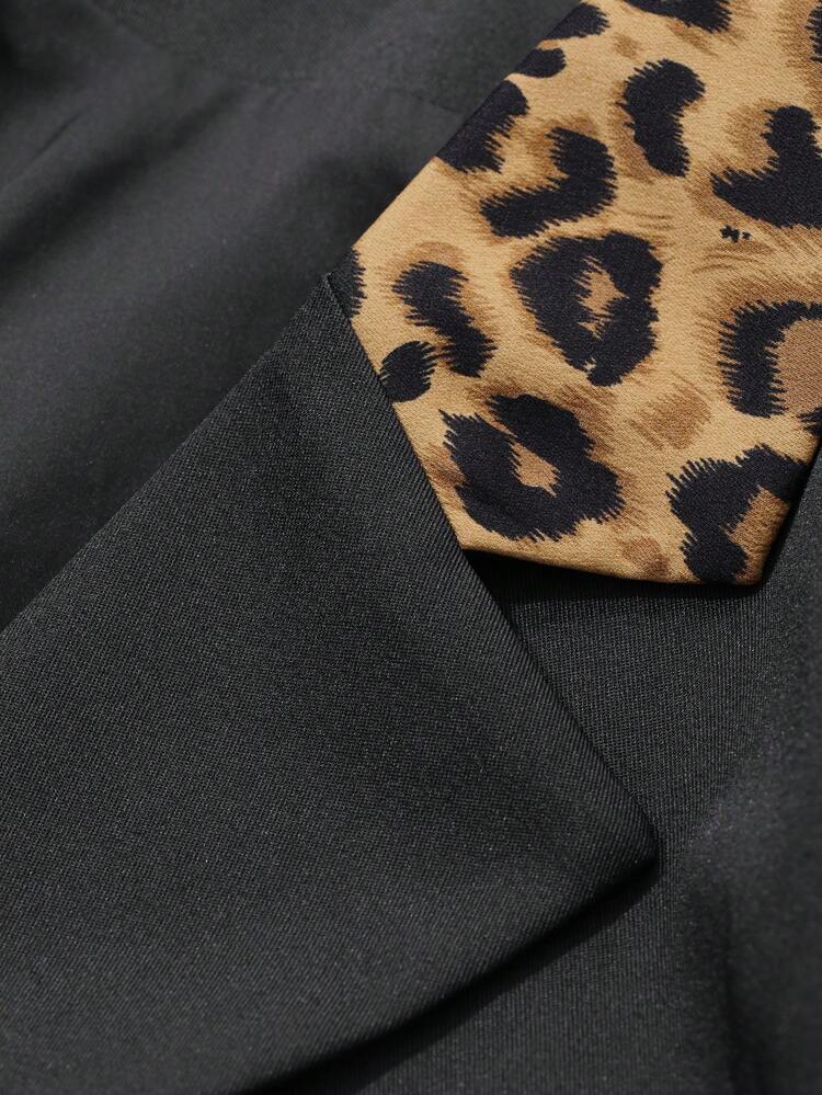 Women's Casual Contrast Leopard Print Patchwork Black Blazer Jacket, Autumn Cheetah Print, Fall Women Clothes Business Attire