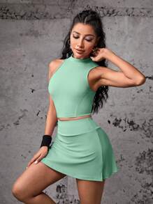 SHEIN Sport Gameset Vrouwen Effen Kleur Tank Top & Rok Shorts Set, Casual Sport Outfit Workout Vrouwen Set