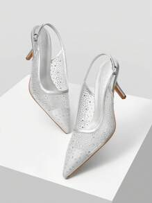 MOTF PREMIUM RHINESTONE POINT TOE SLINGBACKS PUMPS, FOR VALENTINE'S DAY, SPRING BREAK EASTER PROM HEELS - Silver - View 9