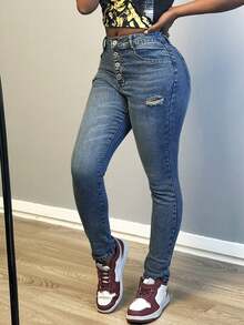 Plus Size Women Button Ripped Pocket Slim Fit Jeans - Dark Wash - View 4