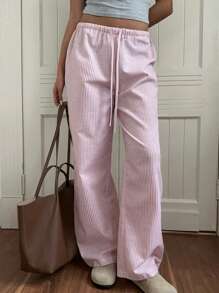 CovetEZ 女士粉色和白色条纹休闲家居长裤，适合秋冬季 - 彩色 - 查看 4