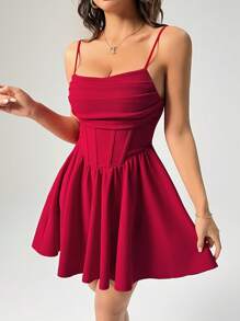 SHEIN PETITE 节日气氛新款纯色褶皱扇形 A 字下摆连衣裙 - 紅色 - 查看 6