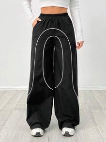 SHEIN PETITE Mädchen Schule-Freizeit Gewobenes Band Schwarz Weite Bein Jogginghose