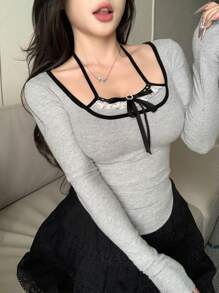 DAZY 女士纯色拼接简约休闲二合一针织长袖 T 恤