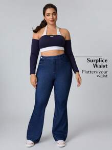 Flexra 大码女式弹力蓝色时尚修身针织喇叭牛仔裤 - 藍色 - 查看 5