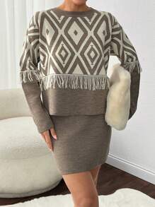 EURMUSE Traditional Pattern Round Neck Sweater With Tassel & Mini Sweater Skirt Co-Ords - Camel - View 5