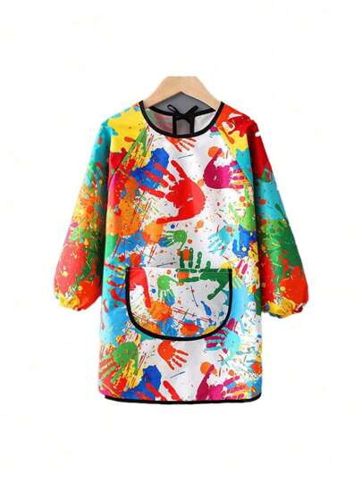 SHEIN 1 pieza Delantal con mangas largas impermeable y resistente a las manchas, reversible para pintura, unisex, con un diseño abstracto único, protección total para los brazos para acrílicos, arcilla, cocina, artistas, estudio de cerámica, esencial para el salón de clases preescolar a prueba de salpicaduras (S-XL, se puede limpiar, diseño al azar)