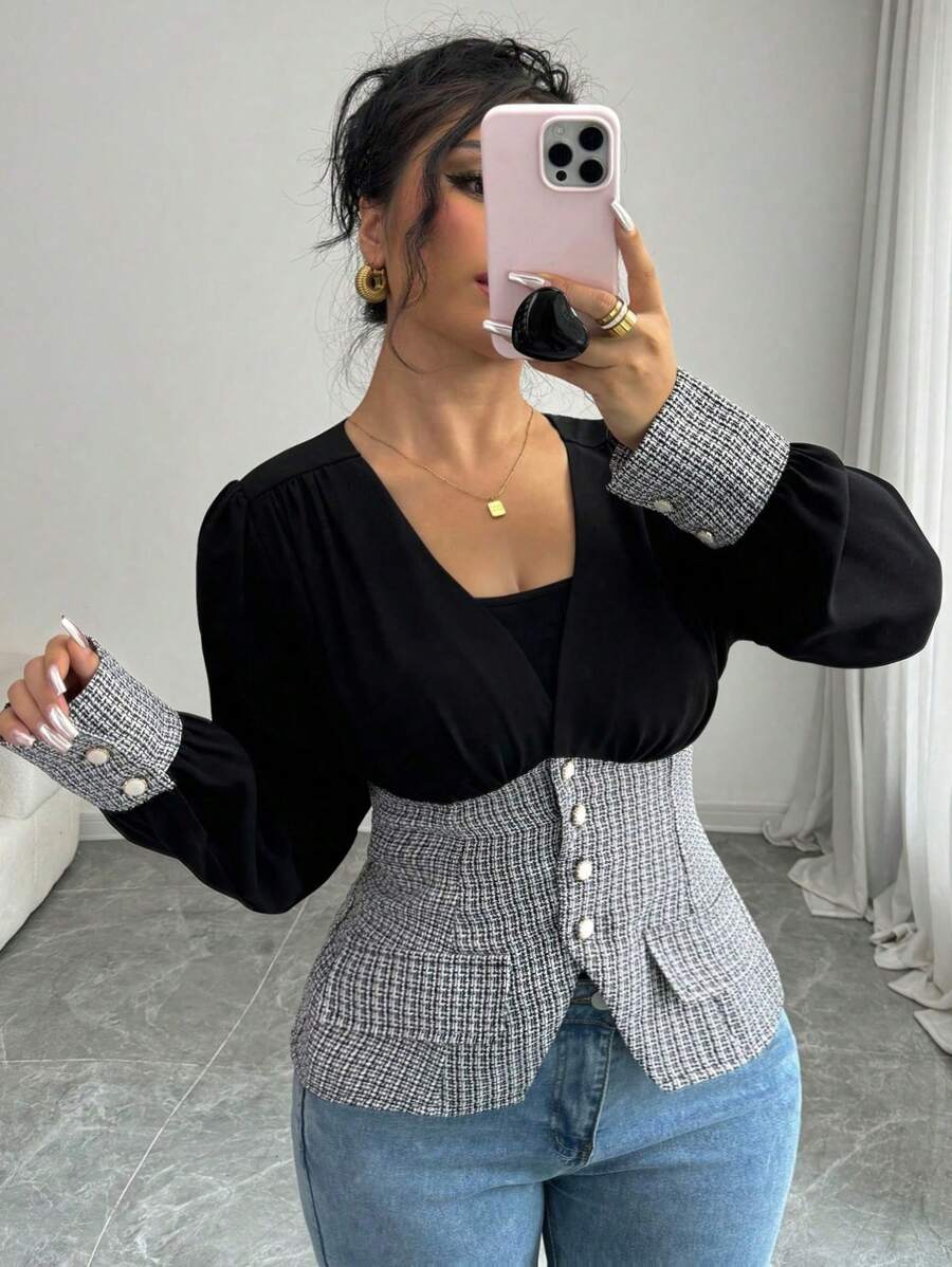 SHEIN Clasi Plus Size Women Woven Regular Autumn Shirt