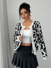 Chiquease Women Leopard Print Round Neck Pearl Button Front Long Sleeve Knit Casual Cardigan